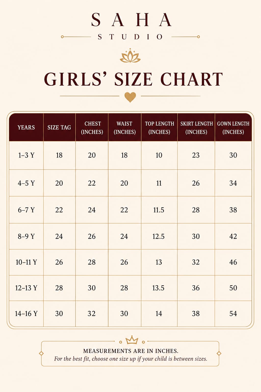 Size Chart for RTWS/33