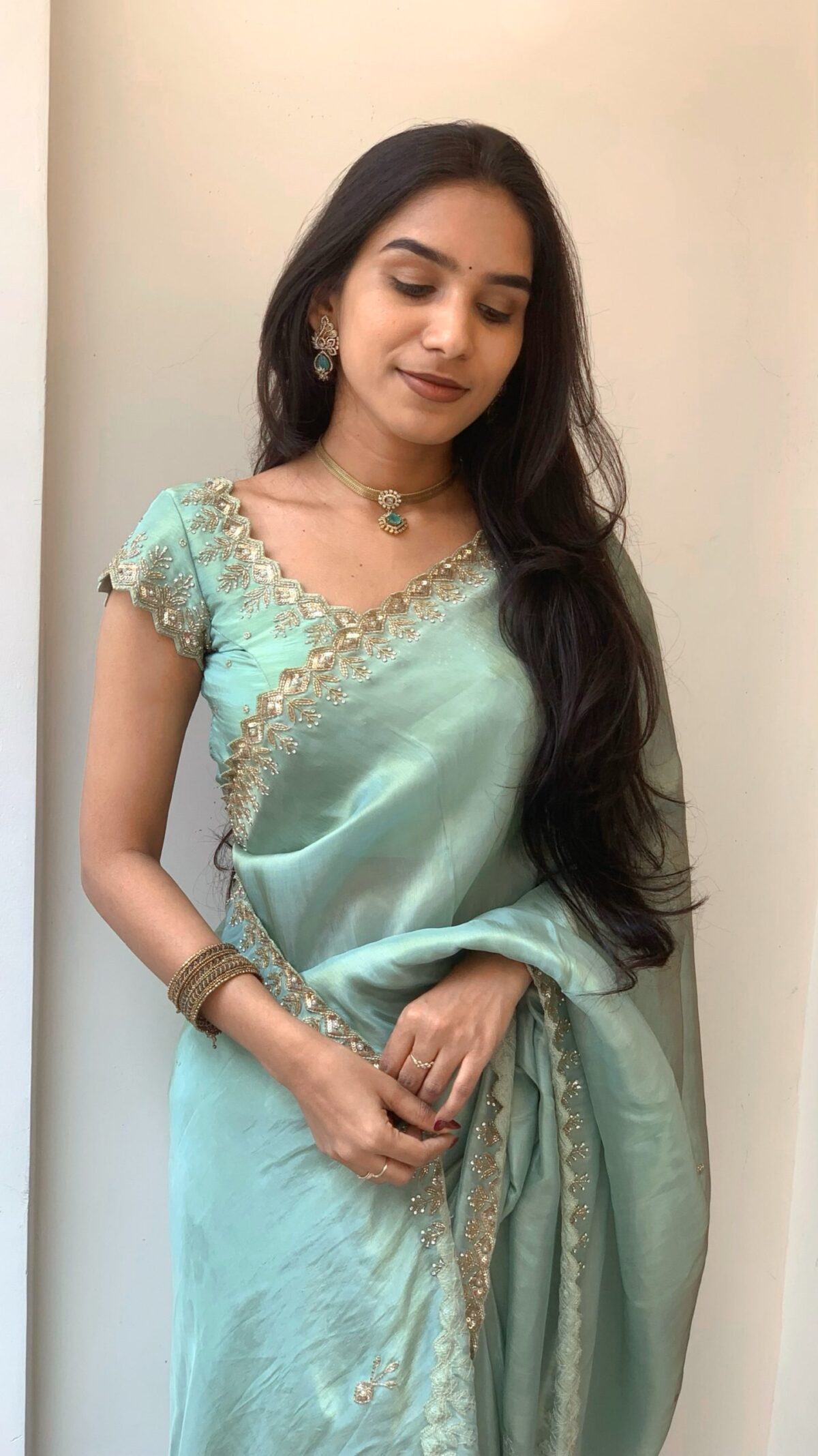 Mint work saree