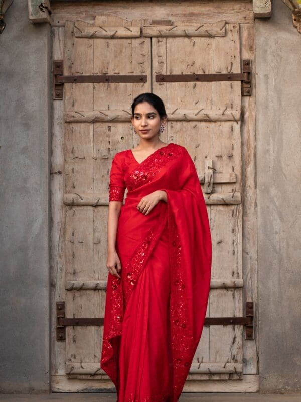 brick red work saree